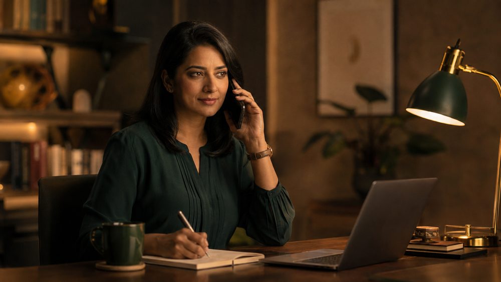 An admission advisor taking notes during a phone call at a desk