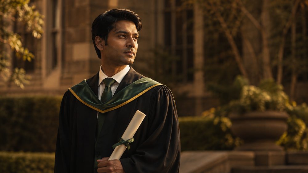 An MBA graduate in academic robes holding a rolled degree certificate outside a university building