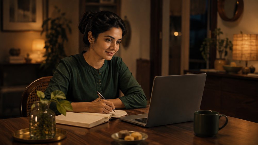A woman attending an online MBA class on a laptop at home in the evening, taking notes in a notebook