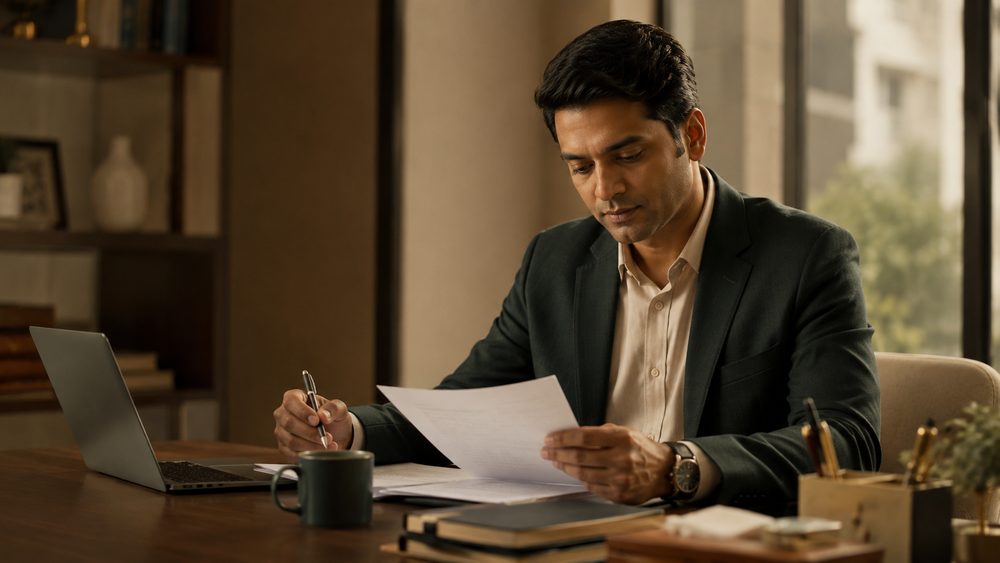 A manager reviewing documents at an office desk, business-casual, natural window light