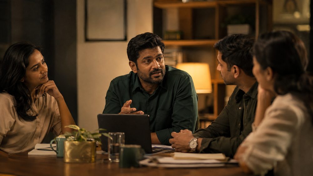 A manager leading an informal team meeting around a table with three colleagues